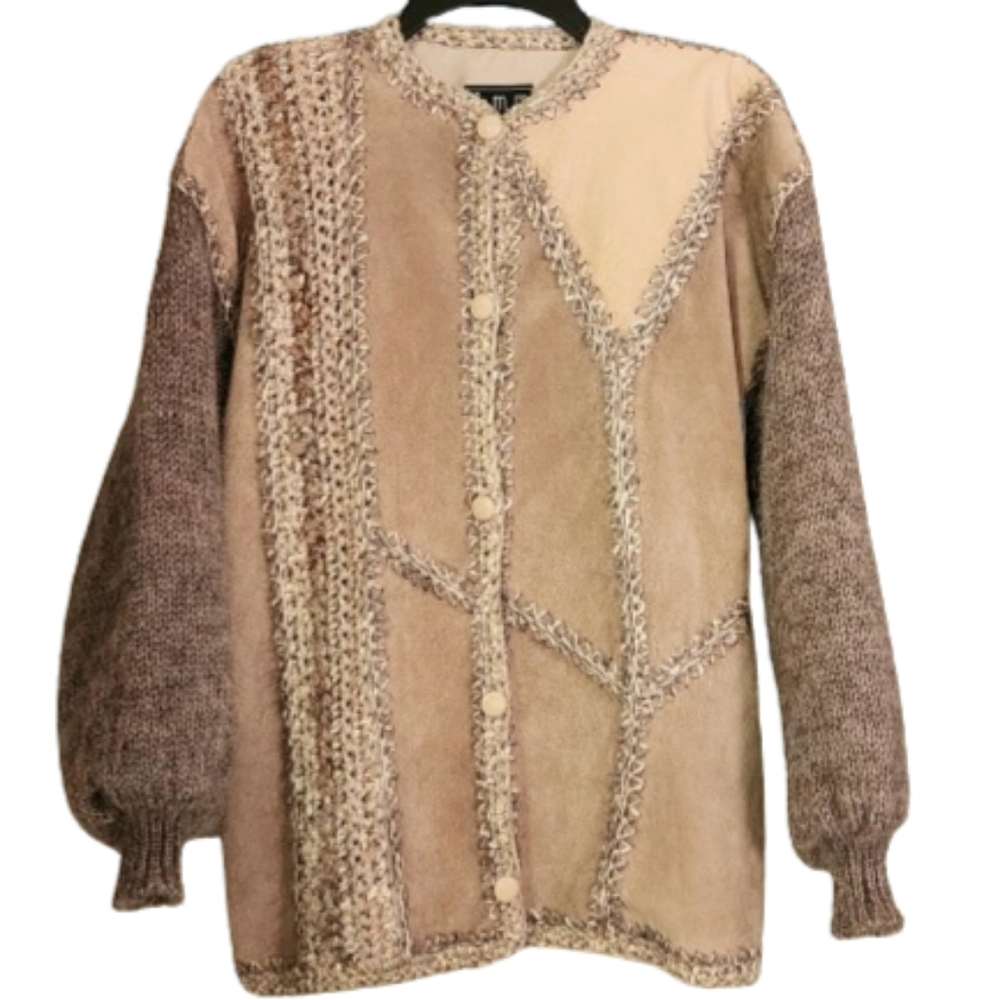 Leather Patchwork Knit Cardigan Jacket L/XL